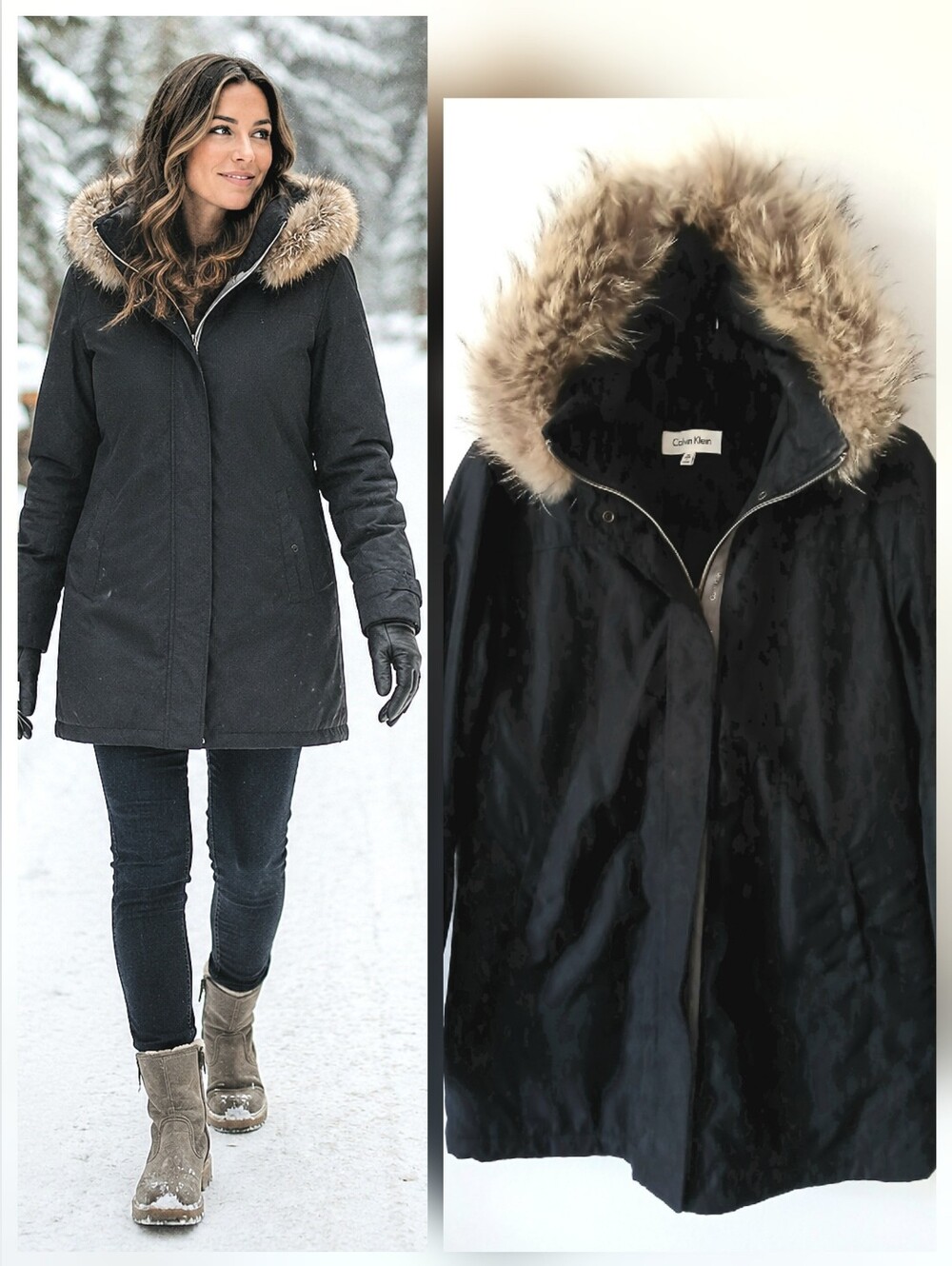 CALVIN KLEIN Black Genuine Raccoon Fur Trim Hooded Quilted Coat Women's Size M